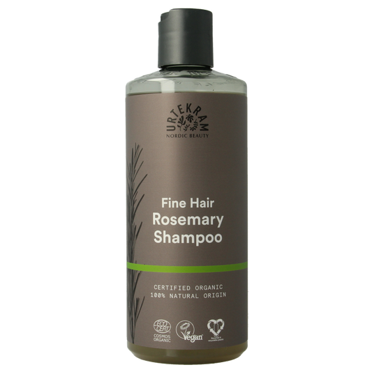 Urtekram rosemary shampoo bottle for hair care, 500ml, with a green label and natural ingredients visible on the packaging.
