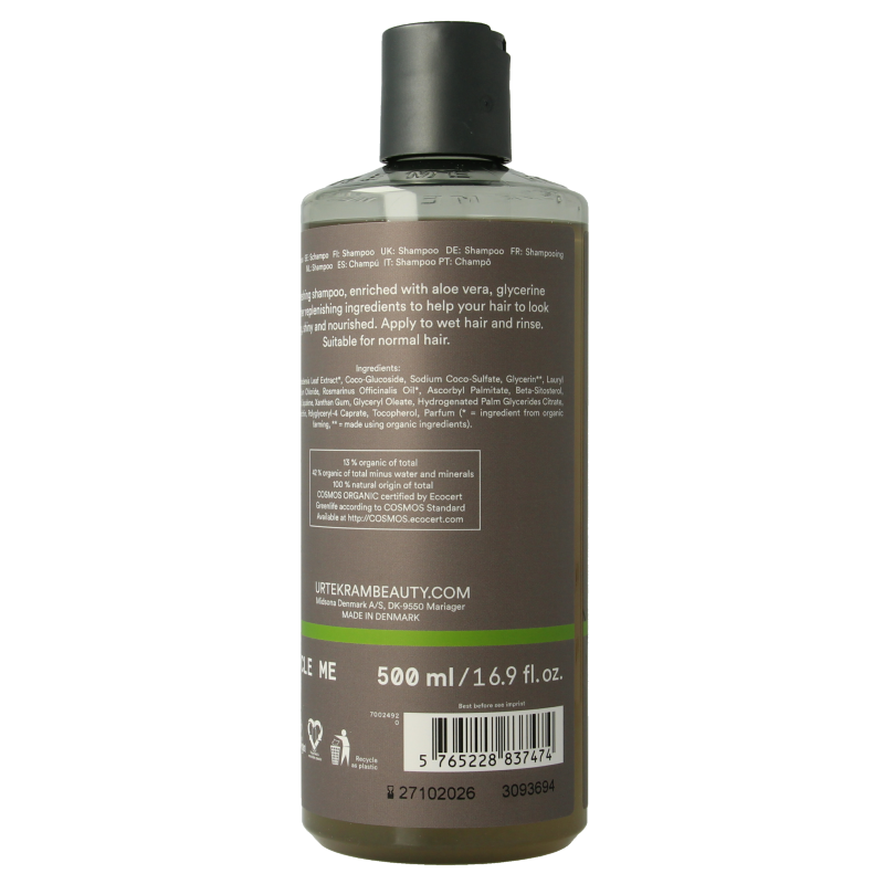 Urtekram rosemary shampoo bottle for hair care, 500ml, with a natural herbal formula for nourishing hair and scalp.