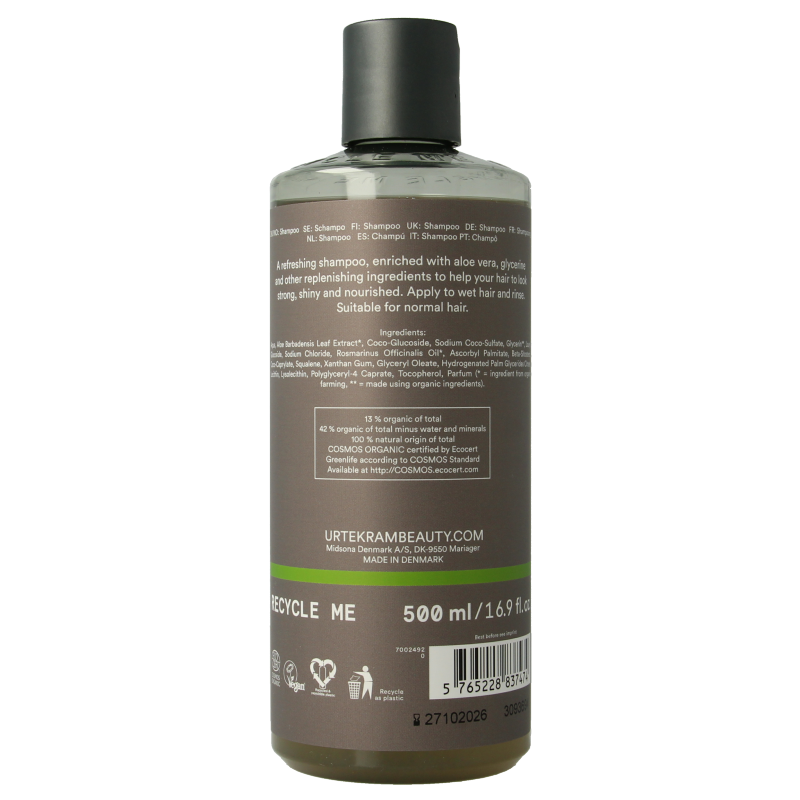Urtekram rosemary shampoo bottle for hair care, 500ml, with natural ingredients and herbal formula visible on the label