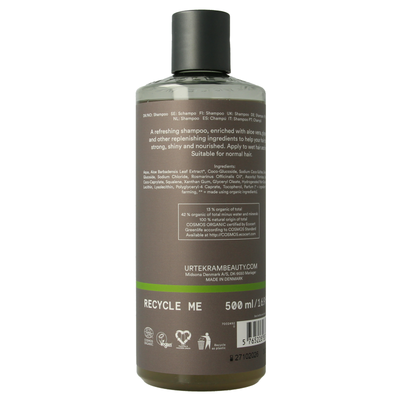 Urtekram rosemary shampoo bottle for hair care, 500ml, with natural rosemary extract for cleansing and nourishing hair.