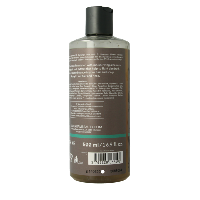Urtekram brandnetel dandruff shampoo bottle, 500ml, natural hair care product for scalp relief and dandruff control.