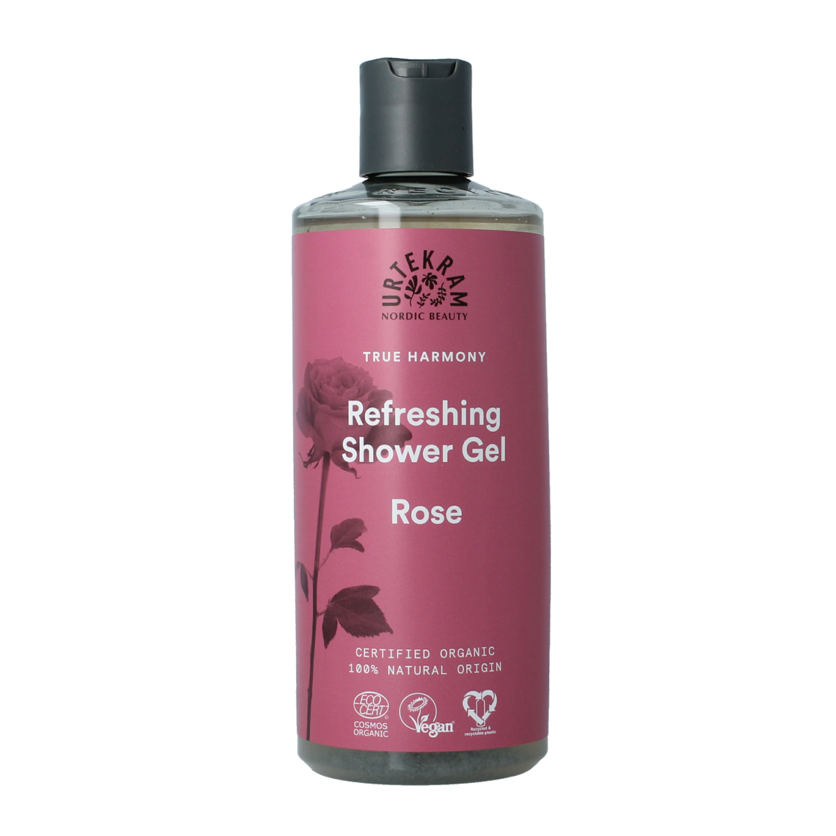 Urtekram rose shower gel in a 500ml bottle, natural bath and shower product with floral scent, shown in the image.