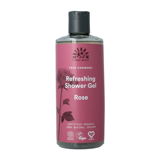 Urtekram rose shower gel in a 500ml bottle, natural bath and shower product with floral scent, shown in the image.