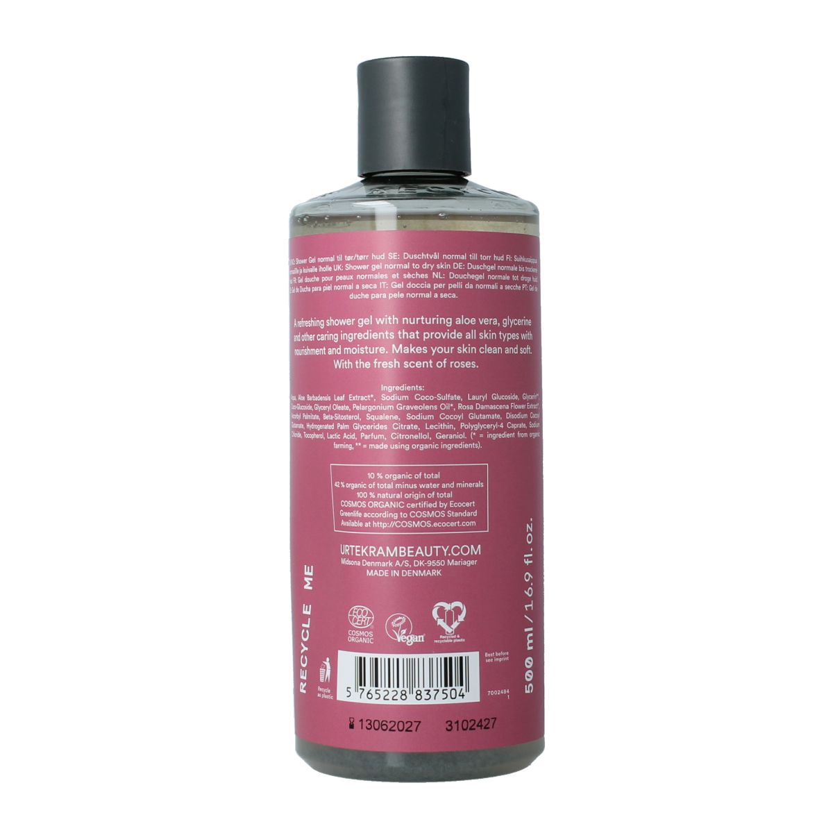 Urtekram rose shower gel in a 500ml bottle, natural bad en douche with floral rose scent and gentle cleansing properties.