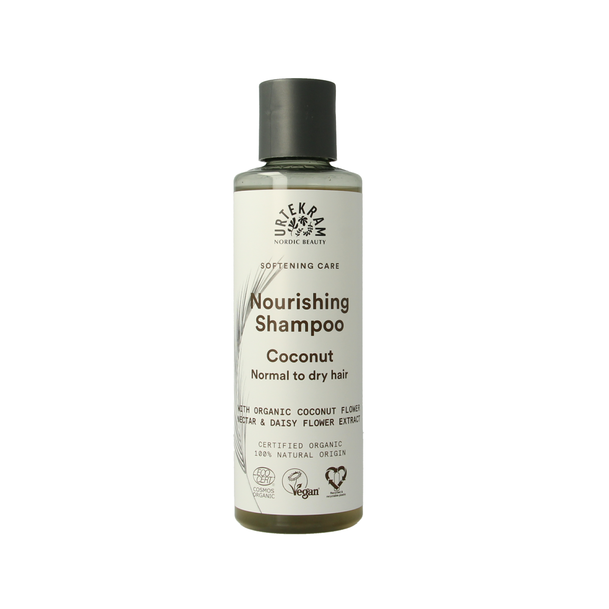 Urtekram kokosnoot shampoo bottle for hair care, 250ml, with coconut-based formula and natural packaging.