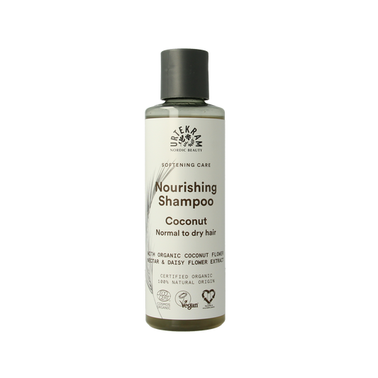 Urtekram kokosnoot shampoo bottle for hair care, 250ml, with coconut-based formula and natural packaging.