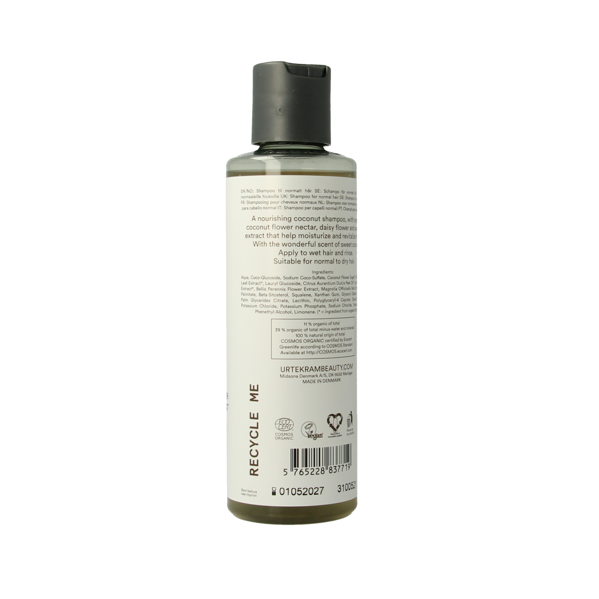 Urtekram coconut shampoo bottle for hair care, 250ml, with natural coconut scent and moisturizing formula.