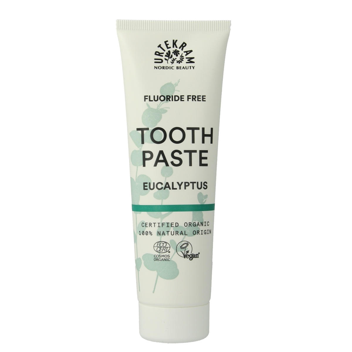 Urtekram eucalyptus toothpaste in a 75ml tube, with fresh eucalyptus flavor and natural ingredients for oral care.