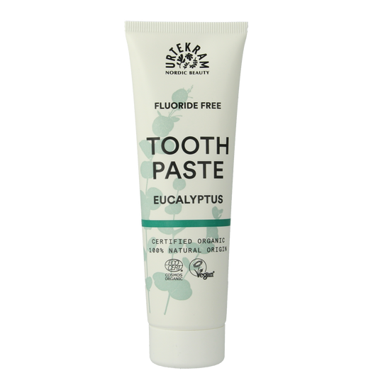 Urtekram eucalyptus toothpaste in a 75ml tube, with fresh eucalyptus flavor and natural ingredients for oral care.