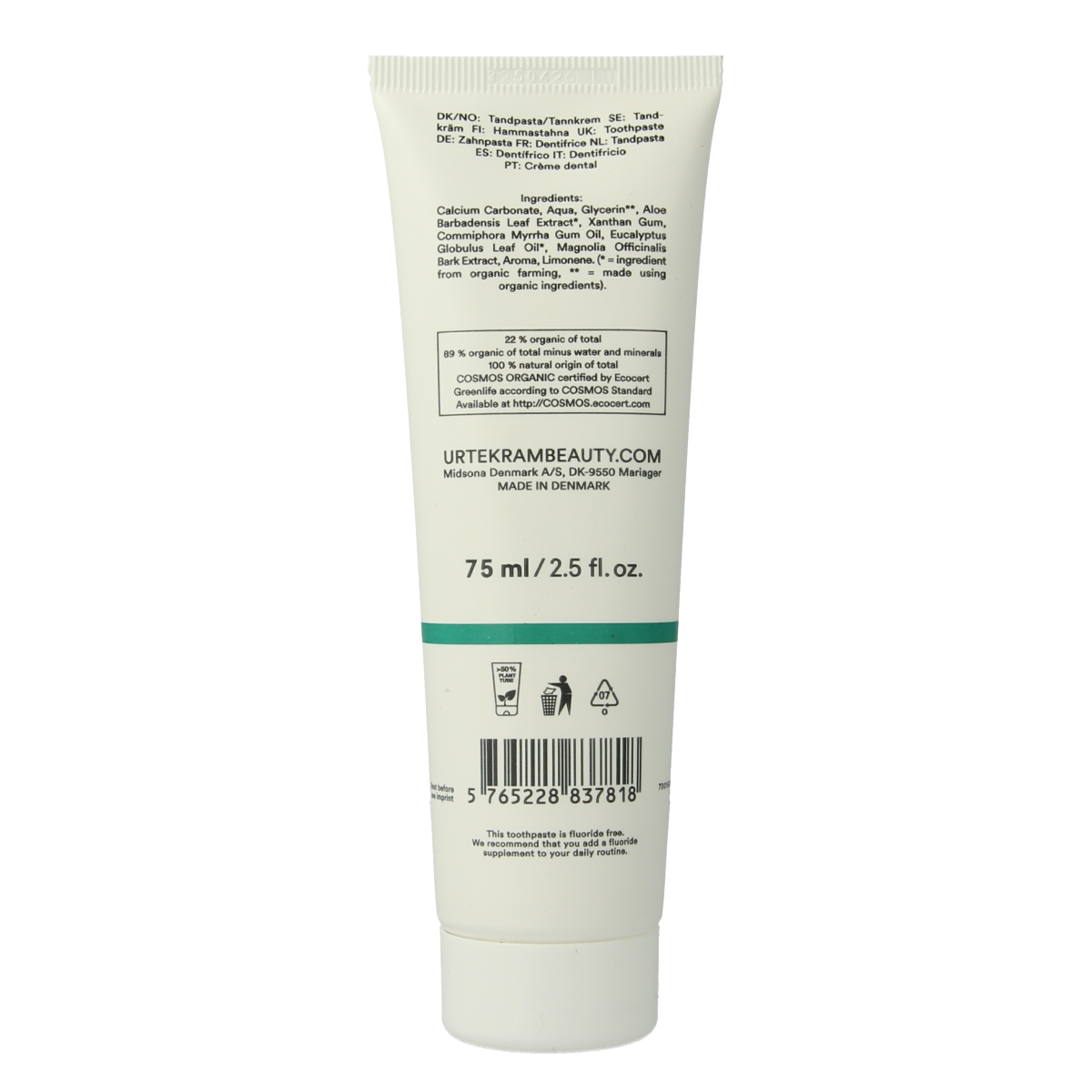 Urtekram eucalyptus toothpaste in 75ml tube showing fresh eucalyptus flavor and natural packaging.