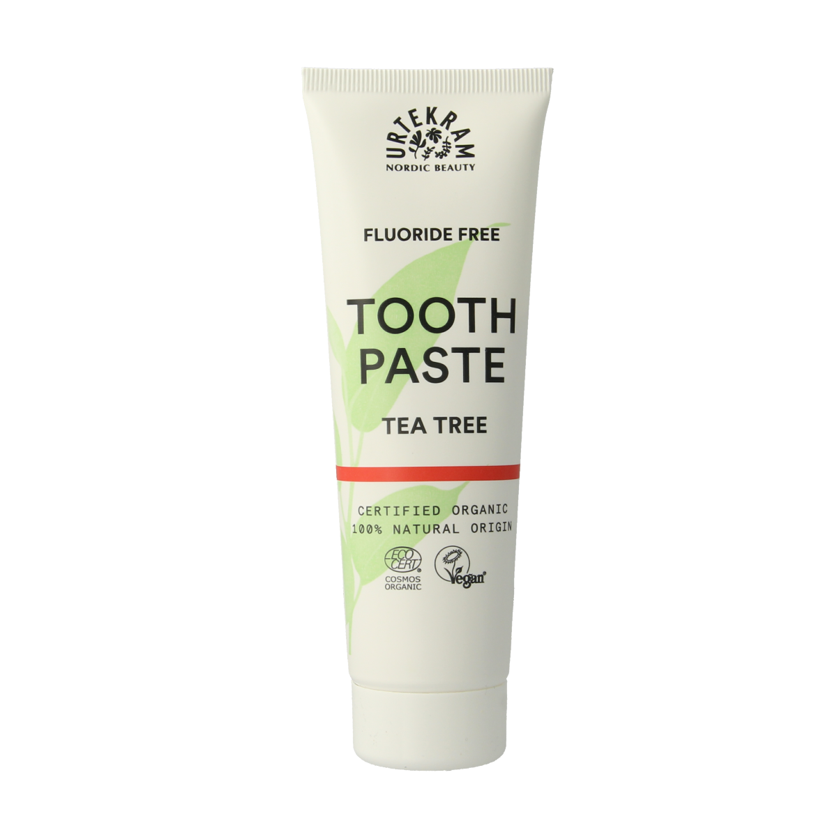 Urtekram tea tree toothpaste in a 75ml tube, featuring natural ingredients and a refreshing tea tree flavor for oral hygiene.