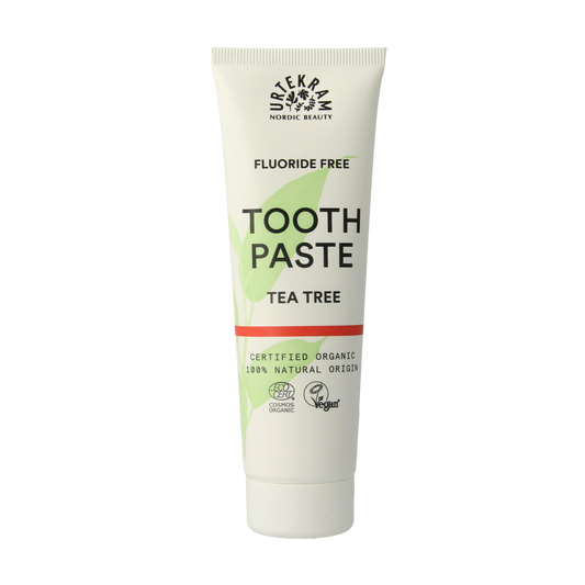 Urtekram tea tree toothpaste in a 75ml tube, featuring natural ingredients and a refreshing tea tree flavor for oral hygiene.