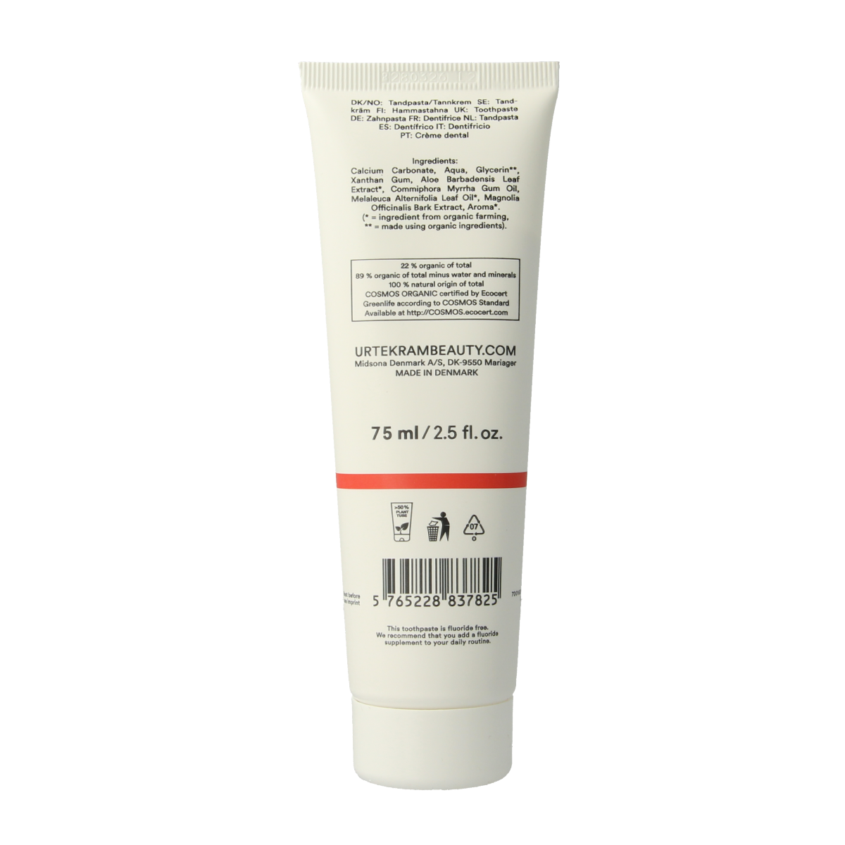 Urtekram tea tree toothpaste tube showing white packaging with green accents, 75ml size for natural oral care.