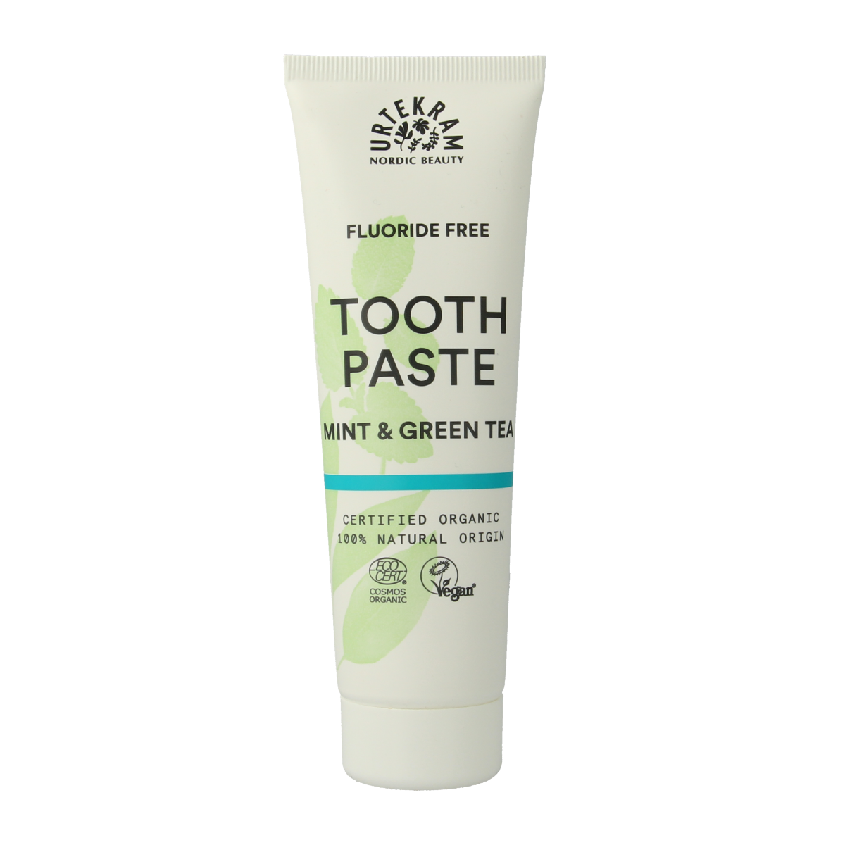 Urtekram mint and green tea toothpaste in 75ml tube, natural oral care product with fresh herbal flavor.