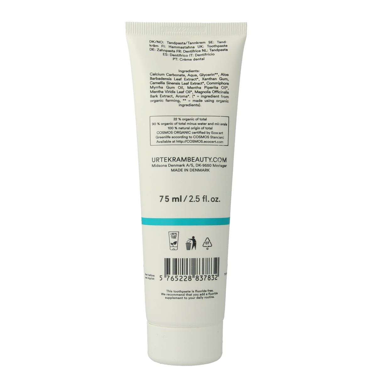 Urtekram mint and green tea toothpaste in a 75ml tube, natural oral care product with fresh herbal ingredients.
