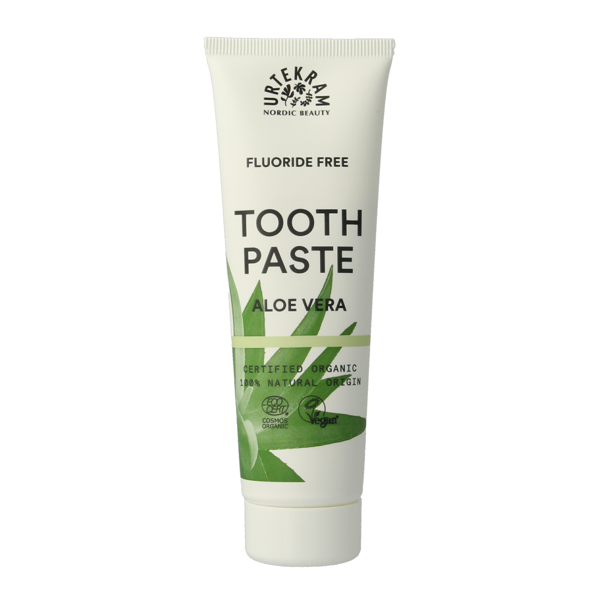 Urtekram aloe vera toothpaste in 75ml tube, showing the toothpaste with aloe vera ingredients on the packaging.