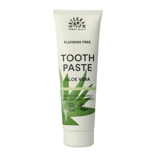 Urtekram aloe vera toothpaste in 75ml tube, showing the toothpaste with aloe vera ingredients on the packaging.