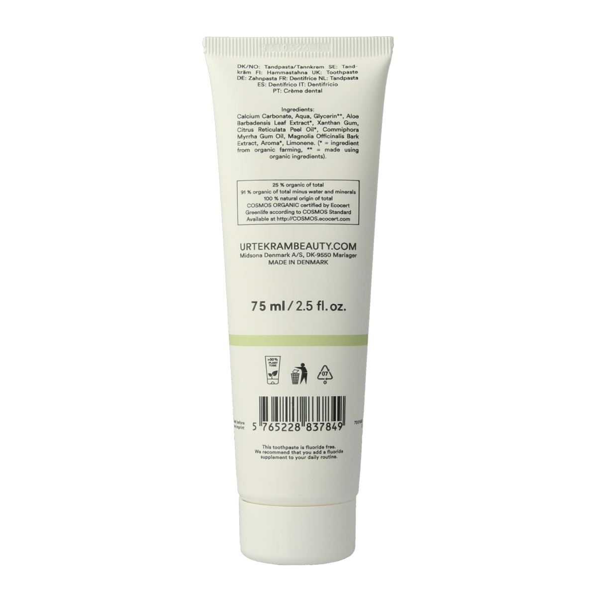 Urtekram aloe vera toothpaste in a 75ml tube, natural oral care product with soothing aloe vera for fresh breath.