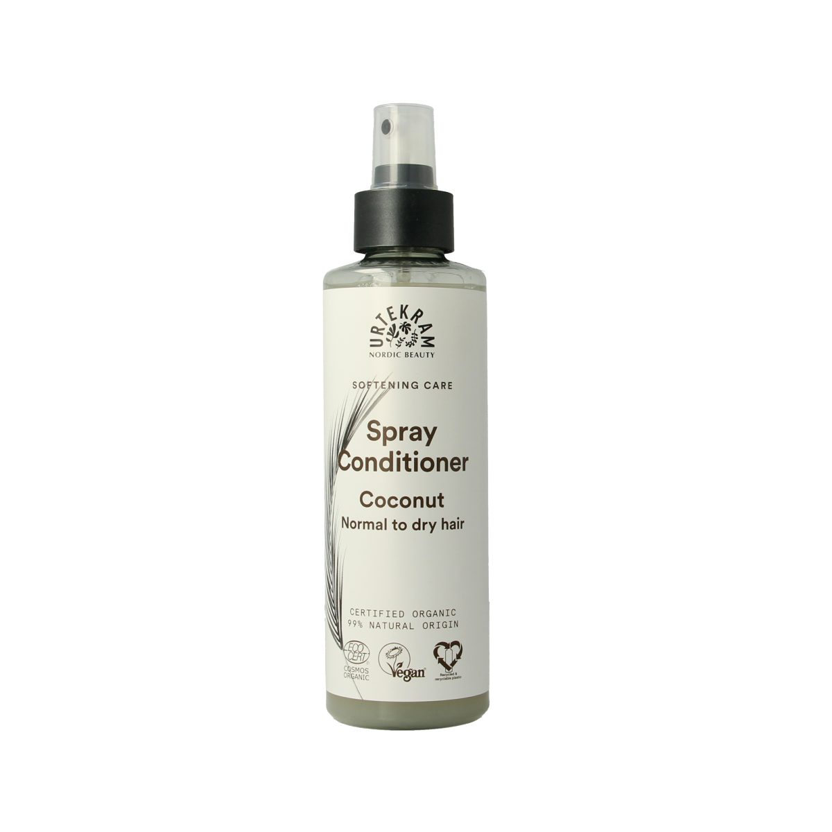 Urtekram coconut conditioner spray for hair care in a 250ml bottle, with a clear spray nozzle and coconut scent visible.