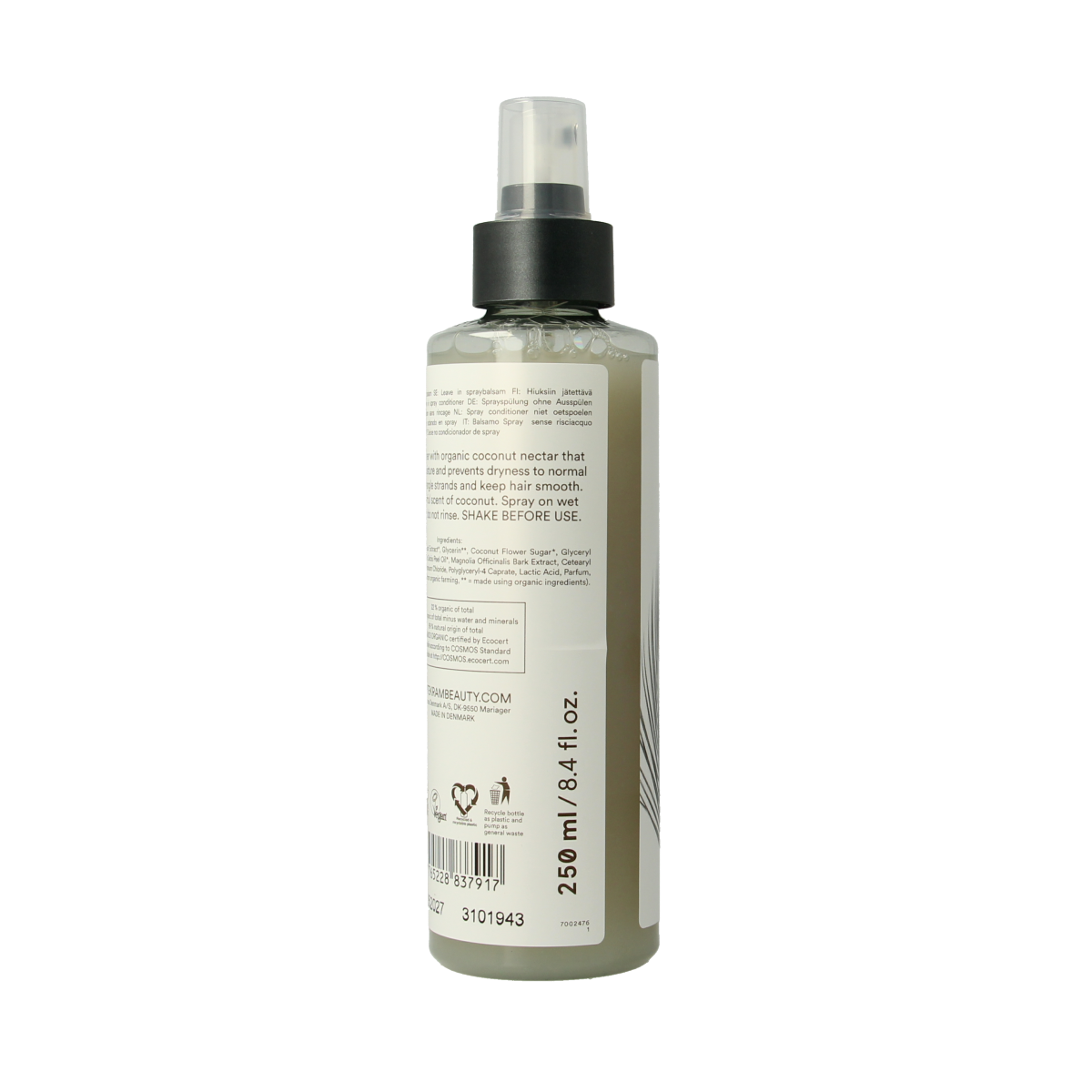 Urtekram kokosnoot conditioner spray for hair care, 250ml bottle with spray nozzle, natural coconut scent and nourishing formula