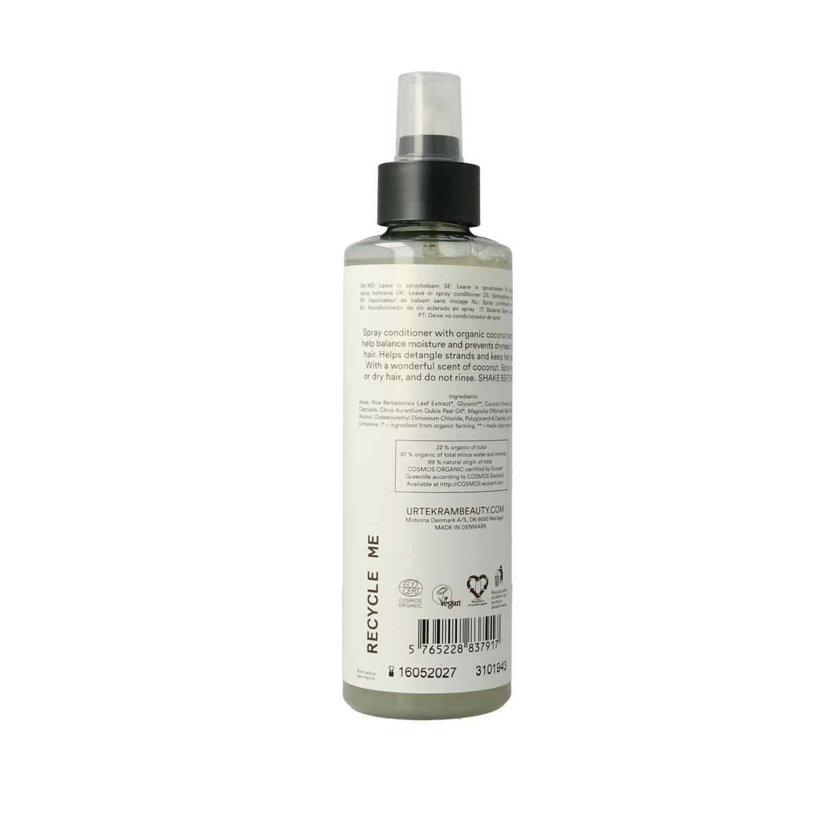 Urtekram kokosnoot conditioner spray in 250ml bottle, natural hair care product with coconut scent and nourishing formula.