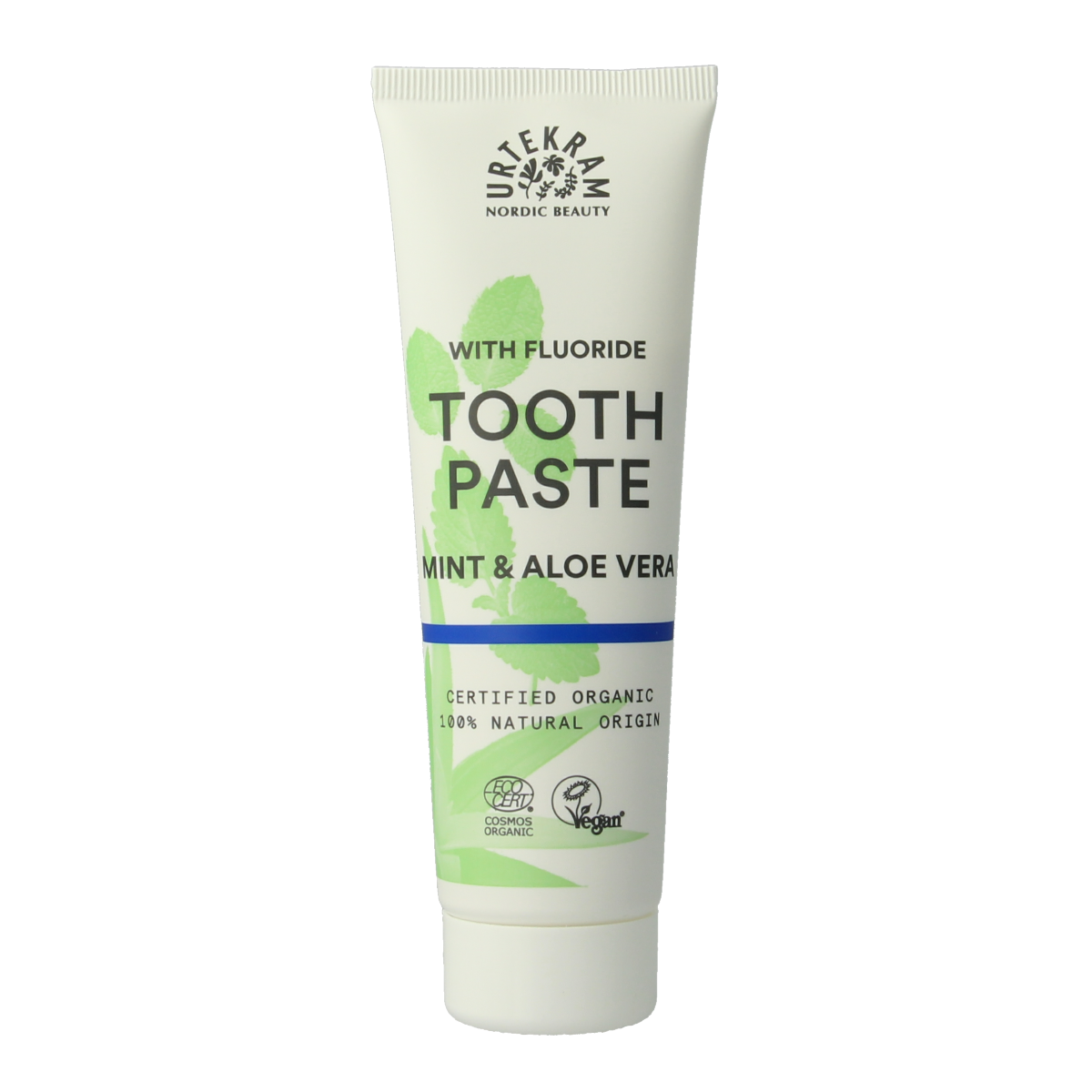 Urtekram mint fluoride toothpaste tube, 75ml, with fresh mint flavor and fluoride for oral hygiene.