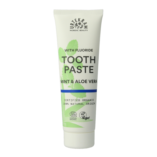 Urtekram mint fluoride toothpaste tube, 75ml, with fresh mint flavor and fluoride for oral hygiene.