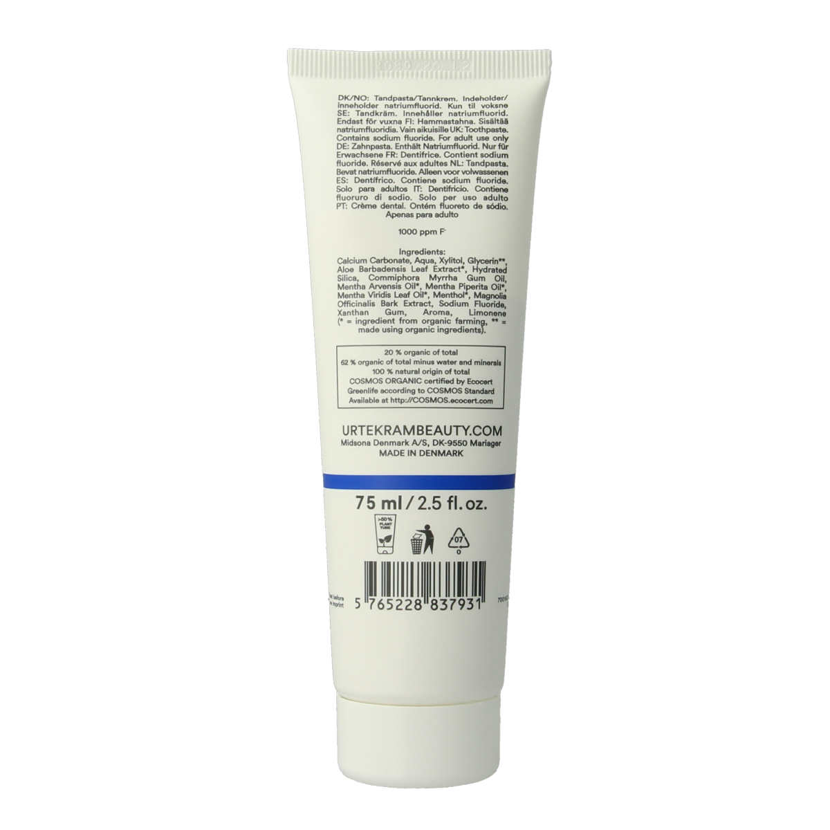 Urtekram mint fluoride toothpaste tube, 75ml, with fresh mint flavor and fluoride for dental health.