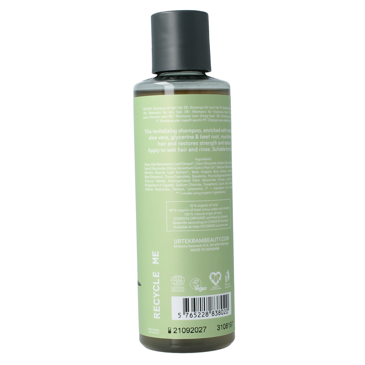 Urtekram aloe vera shampoo for dry hair, 250ml, hair care product with natural aloe vera extract in a bottle.