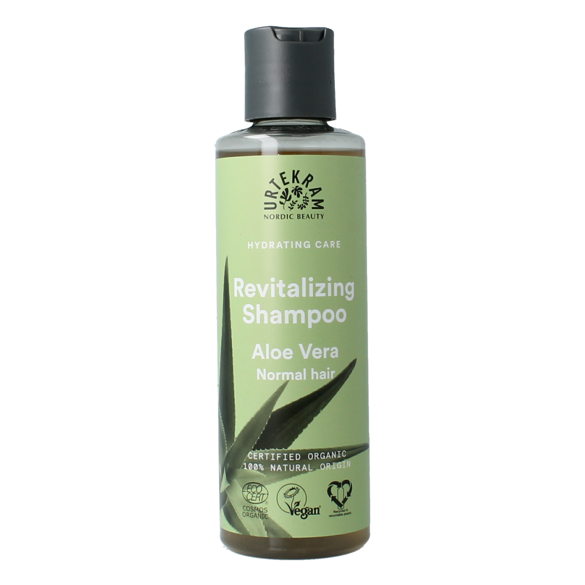 Urtekram Aloe Vera Shampoo for normal hair, 250ml, with a clear bottle and green label, suitable for gentle hair cleansing.