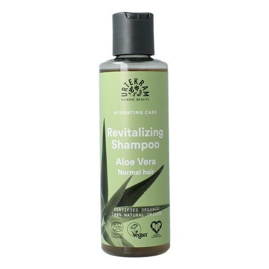 Urtekram Aloe Vera Shampoo for normal hair, 250ml, with a clear bottle and green label, suitable for gentle hair cleansing.