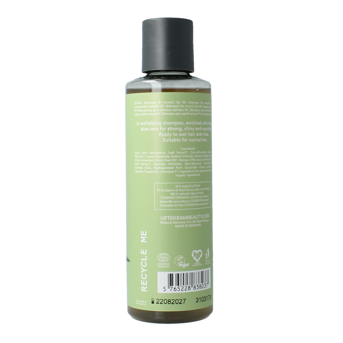 Urtekram aloe vera shampoo for normal hair, 250ml, showing the bottle with aloe vera extract and hair care label.