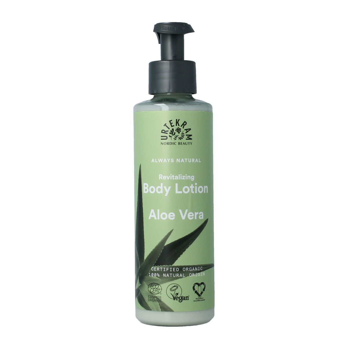 Urtekram Aloe Vera body lotion bottle with green label, 245ml, standing upright, on a white background.