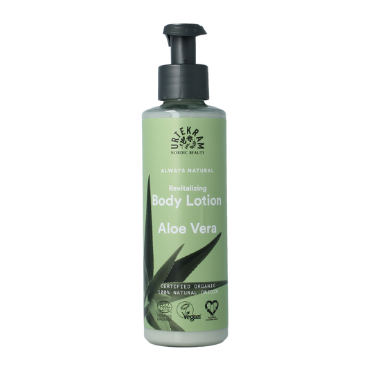 Urtekram Aloe Vera body lotion bottle with green label, 245ml, standing upright, on a white background.