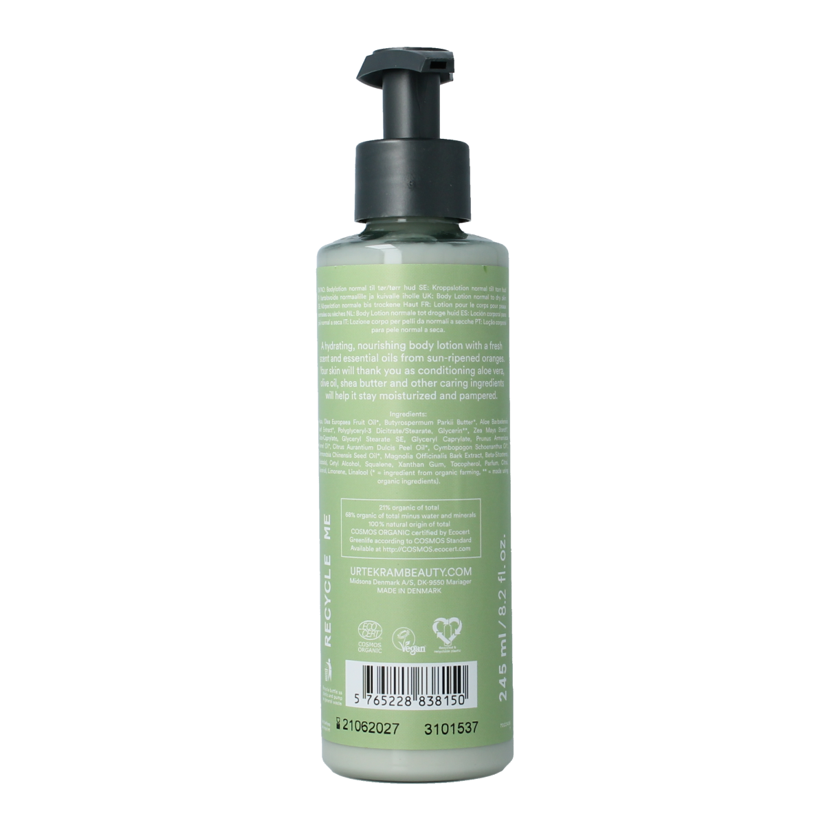 Urtekram Aloe Vera bodylotion bottle, 245 ml, natural body care product with soothing aloe vera for skin hydration and care.