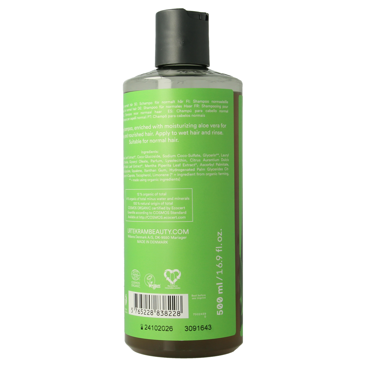 Urtekram Aloe Vera Shampoo for normal hair in a 500ml bottle, natural hair care product with soothing aloe vera extract