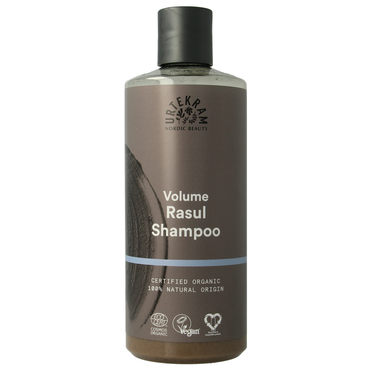Urtekram Rhassoul Shampoo in 500ml bottle, natural hair care product with a sleek label and pump dispenser.
