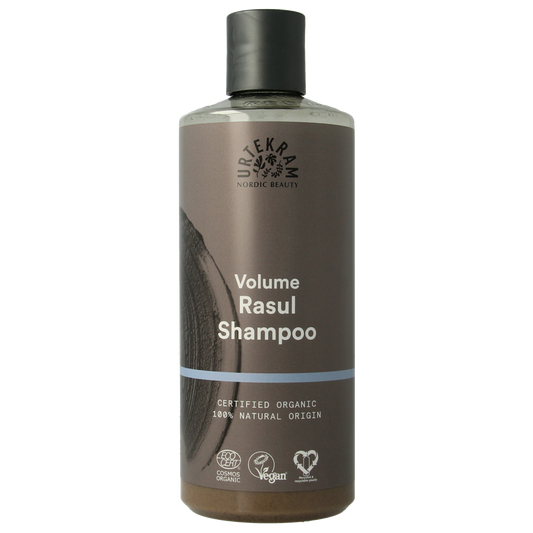 Urtekram Rhassoul Shampoo in 500ml bottle, natural hair care product with a sleek label and pump dispenser.