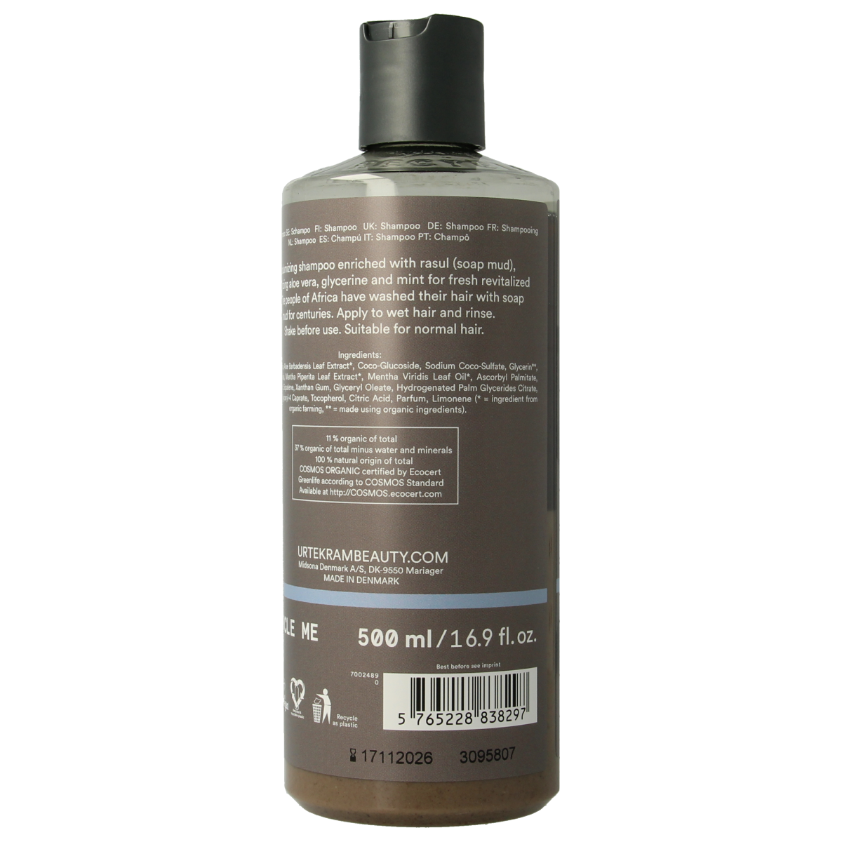 Urtekram Rhassoul Shampoo 500ml bottle, natural hair care product with a clear label, designed for nourishing hair and scalp.