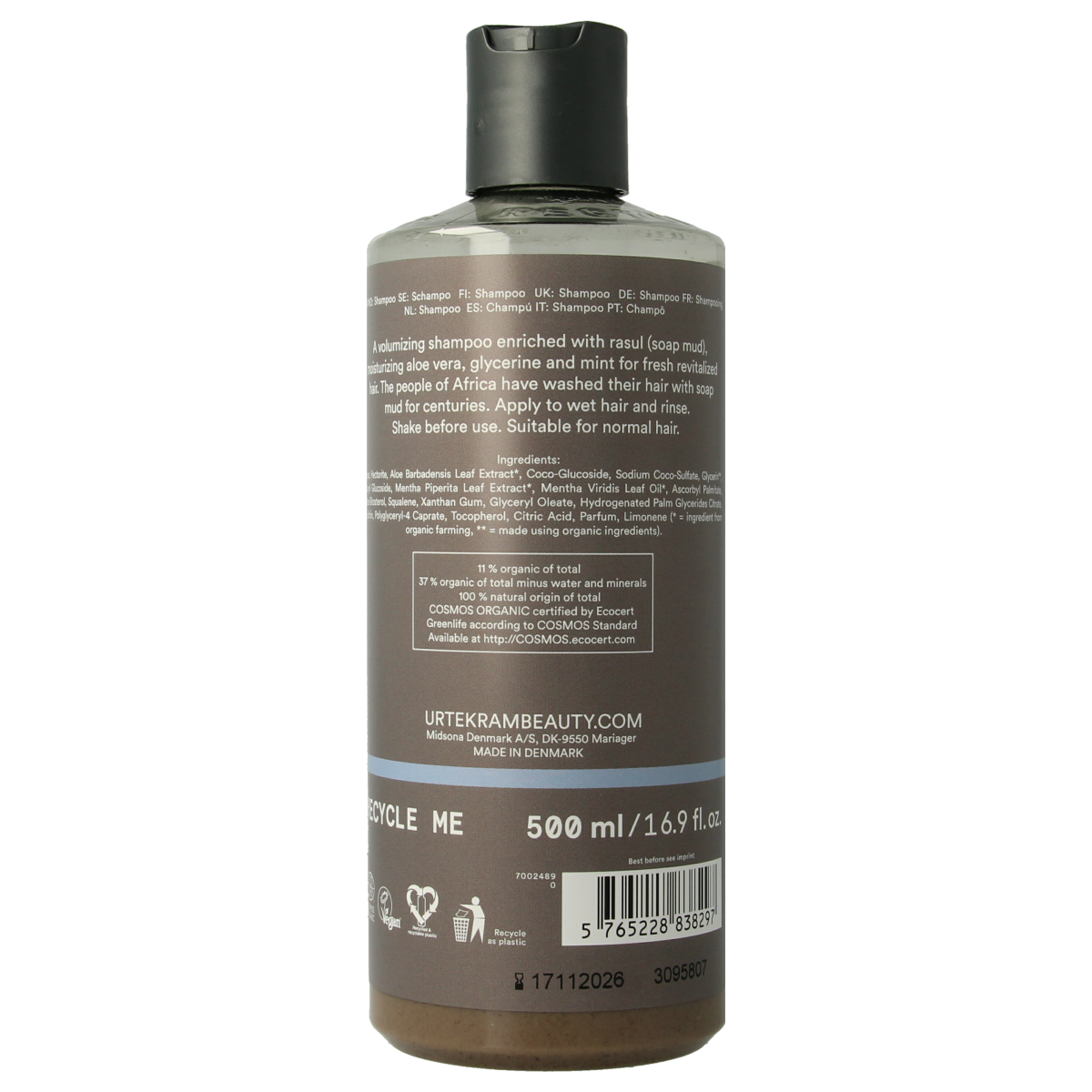 Urtekram Rhassoul Shampoo for hair care, 500ml bottle, natural hair cleansing product with a sleek packaging design.