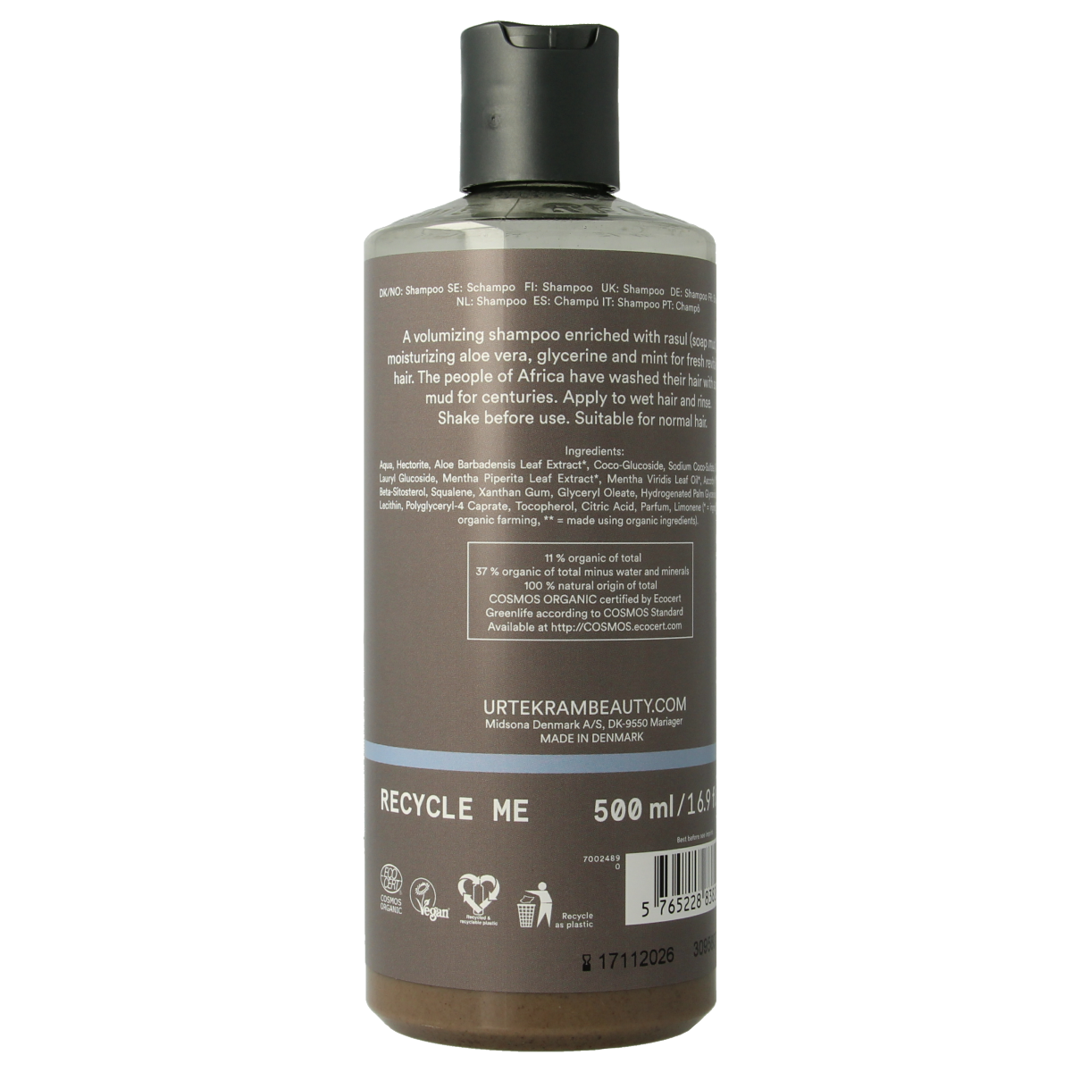 Urtekram Rhassoul Shampoo 500ml for hair care, with natural ingredients, in a clear bottle with a pump dispenser.
