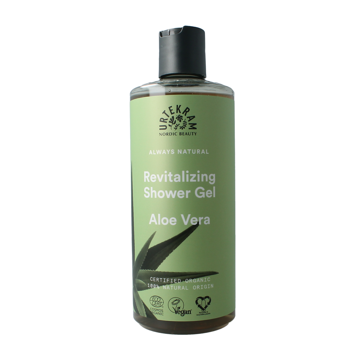 Urtekram aloe vera shower gel in a 500ml bottle, for gentle cleansing and soothing skin during bath or shower.