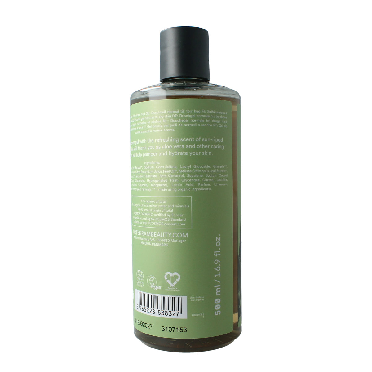 Urtekram Aloe Vera shower gel bottle, 500ml, with a white and green label, suitable for gentle cleansing and hydration.