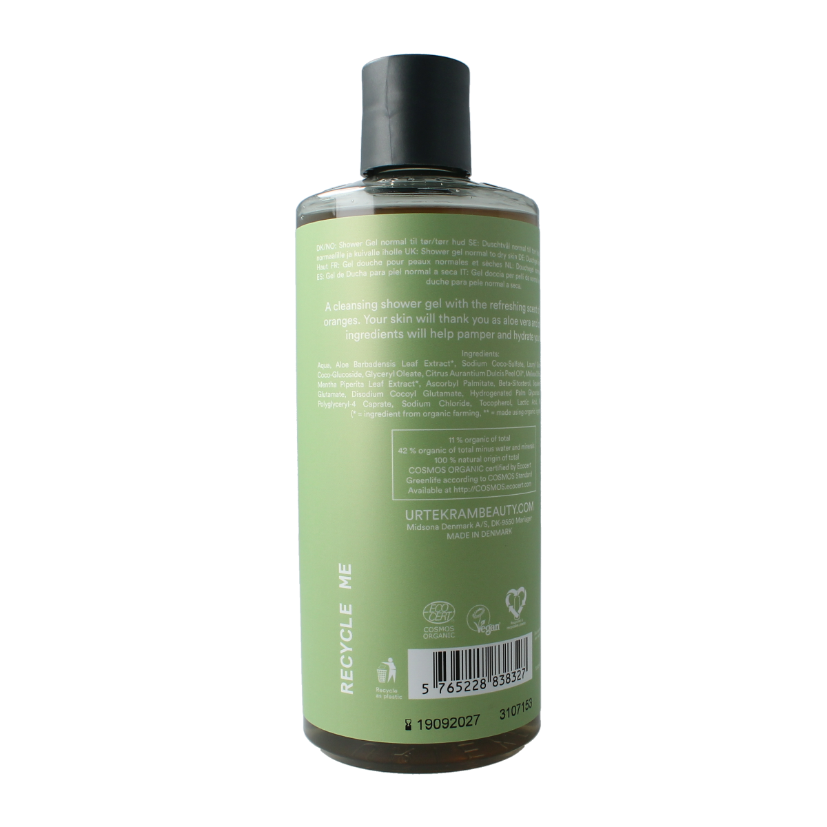 Urtekram aloe vera shower gel bottle, 500ml, for gentle cleansing and hydration in the bathroom.