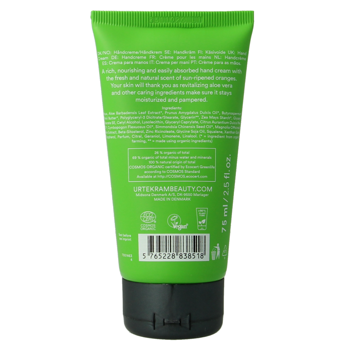 Urtekram Aloe Vera Handcreme in a 75ml tube, featuring a soft, natural aloe vera formula for nourishing hand care.