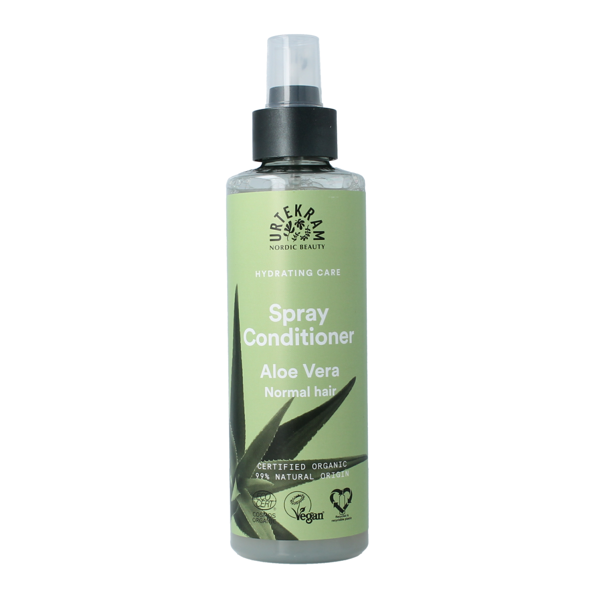 Urtekram aloe vera conditioner spray for hair care, 250ml bottle with aloe vera plant illustration on label