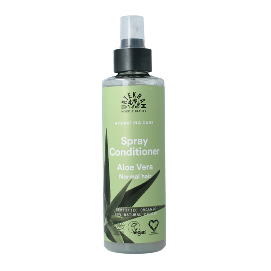 Urtekram aloe vera conditioner spray for hair care, 250ml bottle with aloe vera plant illustration on label