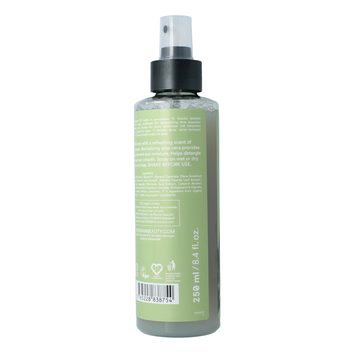 Urtekram Aloe Vera Conditioner Spray for hair care, 250ml bottle with green label and spray nozzle.