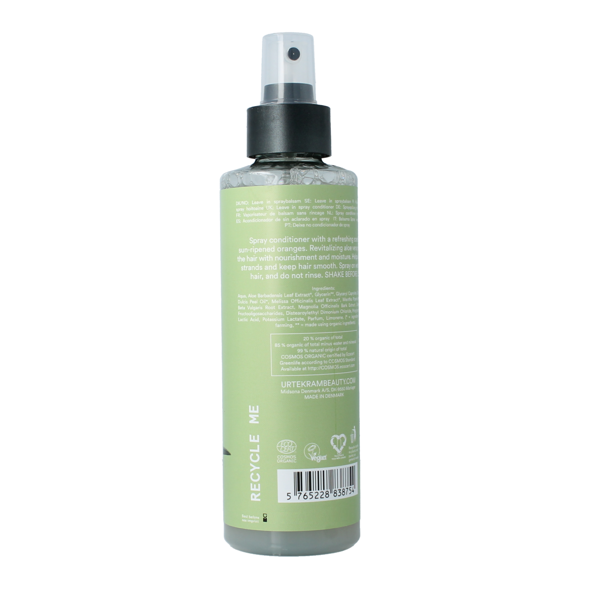 Urtekram Aloe Vera Hair Conditioner Spray in a 250ml bottle, natural hair care product for nourishing and softening hair.