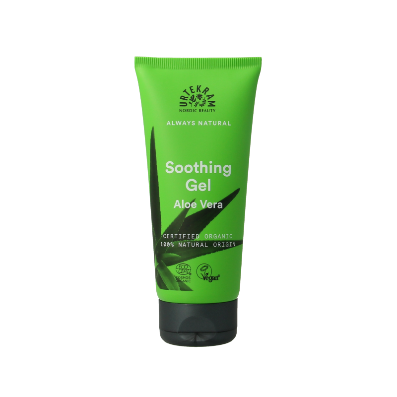Urtekram aloe vera body gel in a 100ml tube, natural skincare product for soothing and hydrating skin.